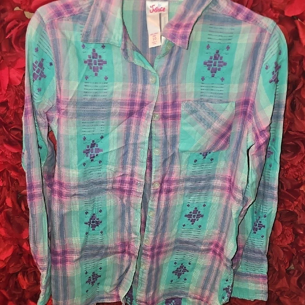 Justice Girls Teal and Purple Plaid Shirt Size 10